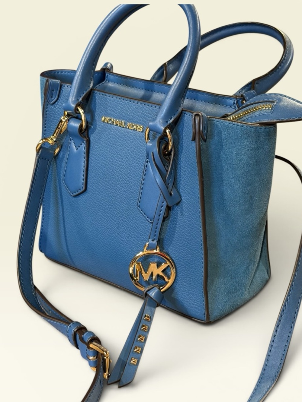Michael Kors Dark Chambray Leather+Suede Kris Small Satchel Crossbody Purse - Picture 5 of 13